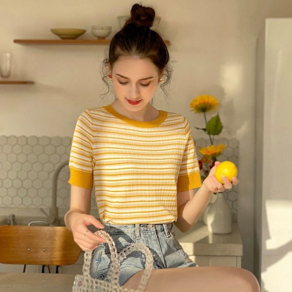 summer fashion women's korean style casual o neck striped short sleeve slim knitted t-shirt new arrival, White
summer fashion women's korean style casual o neck striped short sleeve slim knitted t-shirt new arrival, White