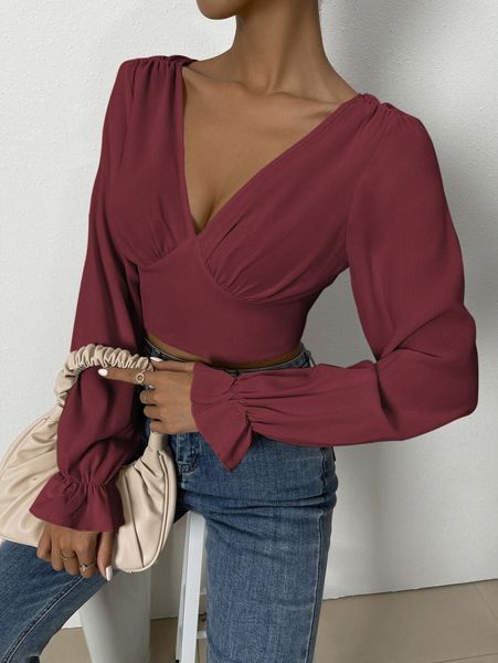 tie back flounce sleeve crop blouse 89yh#, White 
tie back flounce sleeve crop blouse 89yh#, White