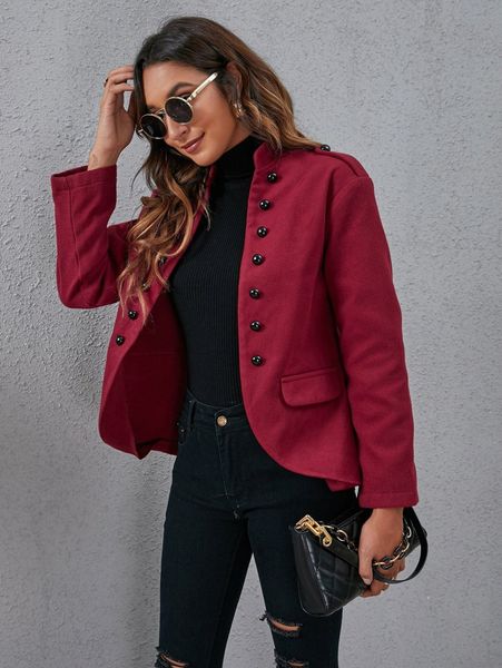 solid open front button decor flap detail wool-mix fabric overcoat j5f6#, Black 
solid open front button decor flap detail wool-mix fabric overcoat j5f6#, Black