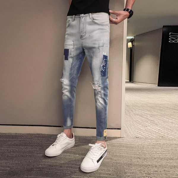 hole jeans fashion men's 2019 spring and summer trend contrast color stitching casual pants old washed nine pants q0105, Black;white
hole jeans fashion men's 2019 spring and summer trend contrast color stitching casual pants old washed nine pants q0105, Black;white