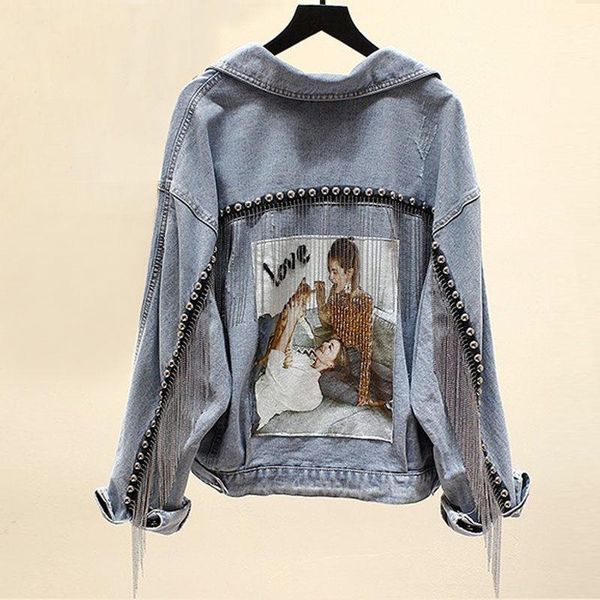 2020 autumn women denim jacket harajuku printed frayed beading denim coat tassel loose casual jeans jacket outwear female, Black;brown
2020 autumn women denim jacket harajuku printed frayed beading denim coat tassel loose casual jeans jacket outwear female, Black;brown
