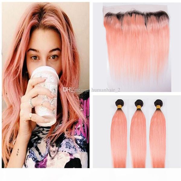 #1b rose gold lace frontal closure with bundles ombre hair 1b rose gold straight hair 3 bundles with lace frontals, Black;brown