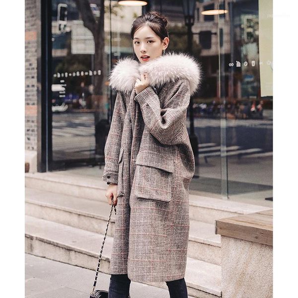 women's wool & blends winter women plaid coats medium long woolen overcoat straight loose hooded jackets with fur casual streetwear kor, Black
women's wool & blends winter women plaid coats medium long woolen overcoat straight loose hooded jackets with fur casual streetwear kor, Black