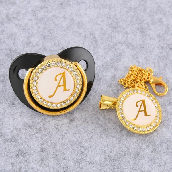 0-12 Months Luxury Bling Pacifiers And Pacifier Clip Set Golden Stamped Name Initials A Bpa Dummy Soother