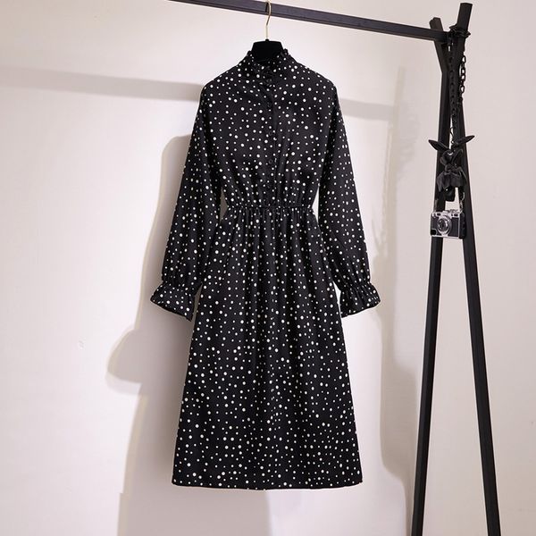 women korean style autumn casual dress lady long sleeve bow shirt dresses female vintage dot print chiffon elegant midi dress lj201202, Black;gray
women korean style autumn casual dress lady long sleeve bow shirt dresses female vintage dot print chiffon elegant midi dress lj201202, Black;gray