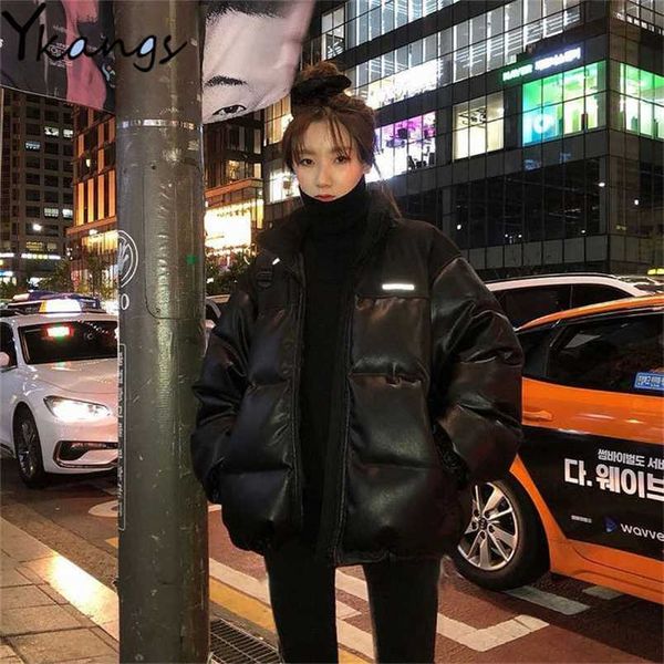 splicing solid hooded imitation leather pu cotton coat female fashion casual loose jacket women winter zipper clothing 220114, Black;brown
splicing solid hooded imitation leather pu cotton coat female fashion casual loose jacket women winter zipper clothing 220114, Black;brown