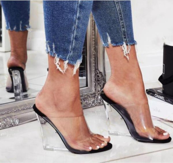 2021 foreign new and transparent crystal slope heel women's shoes super high heel, Black