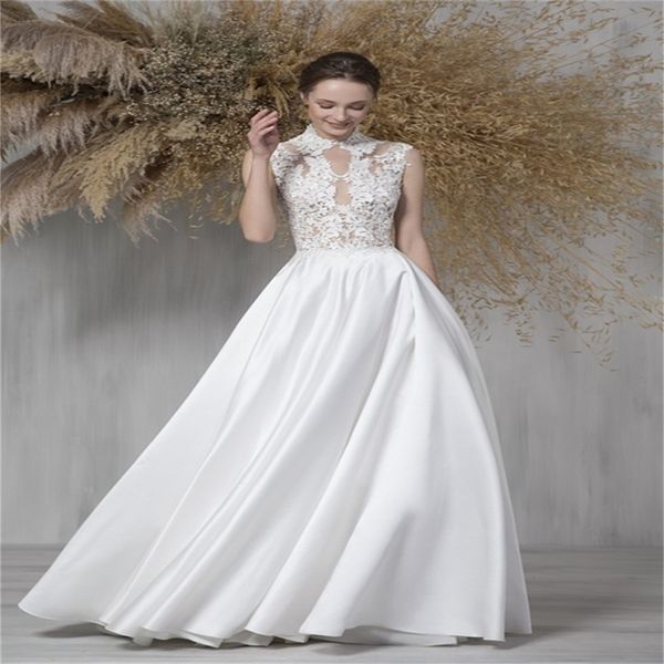 wedding dresses high neck appliqued lace ruched satin bridal gowns sweep train hollow back robes de mariée custom made, White
wedding dresses high neck appliqued lace ruched satin bridal gowns sweep train hollow back robes de mariée custom made, White