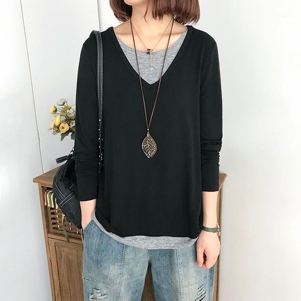 women spring autumn fashion japan style v-neck fake two pieces patchwork long sleeve office lady casual tshirt female chic tees1, White
women spring autumn fashion japan style v-neck fake two pieces patchwork long sleeve office lady casual tshirt female chic tees1, White