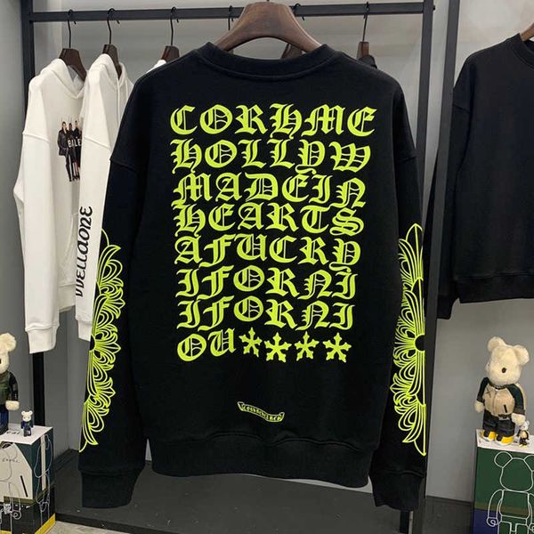 chao brand early autumn croxin fluorescent yellow sanskrit printing couple's pullover sweater loose round neck for men and women, White
chao brand early autumn croxin fluorescent yellow sanskrit printing couple's pullover sweater loose round neck for men and women, White