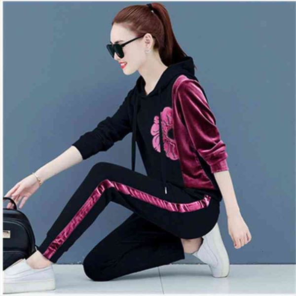 gold velvet suit spring autumn hooded sports suit female two-piece set long tracksuit women fashion womens 4xl, Gray
