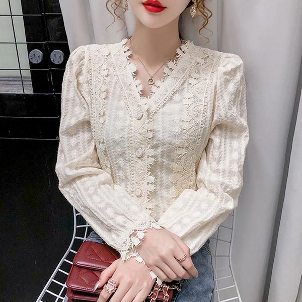 women's blouses & shirts women blouse elegant white apricot v neck korean style lace flower steet long sleeve chemise femme 2021 autum
women's blouses & shirts women blouse elegant white apricot v neck korean style lace flower steet long sleeve chemise femme 2021 autum