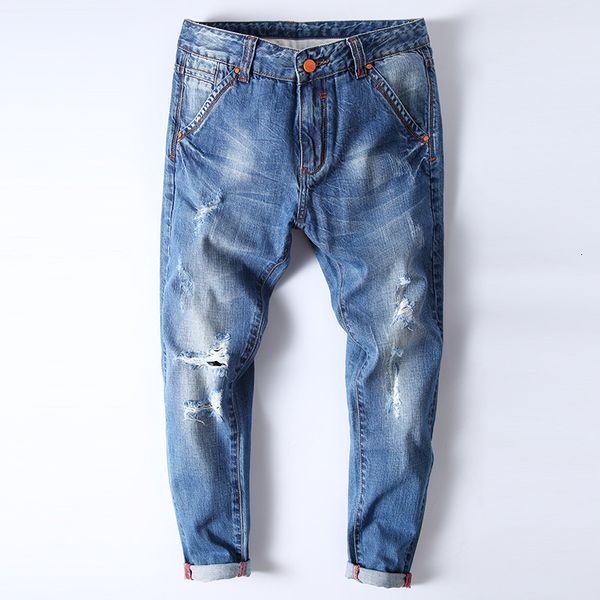 light color beggars jeans straight slim men's trousers hole, Blue
light color beggars jeans straight slim men's trousers hole, Blue