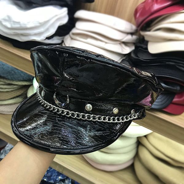 bright new style pu leather chain rivet military duck tongue octagonal cap in autumn of 2019, Blue;gray
bright new style pu leather chain rivet military duck tongue octagonal cap in autumn of 2019, Blue;gray