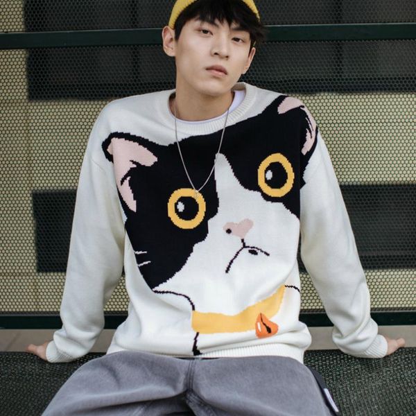 winter male knitted sweater oversized loose warm pullovers cartoon cat dog sweater streetwear cute boy casual outdoor, White;black 
winter male knitted sweater oversized loose warm pullovers cartoon cat dog sweater streetwear cute boy casual outdoor, White;black
