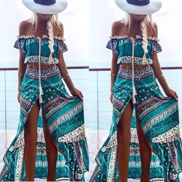 women's tracksuits women summer floral print off shoulder crop 2021 fashion party beach long maxi dress female boho two piece set1, Gray
women's tracksuits women summer floral print off shoulder crop 2021 fashion party beach long maxi dress female boho two piece set1, Gray