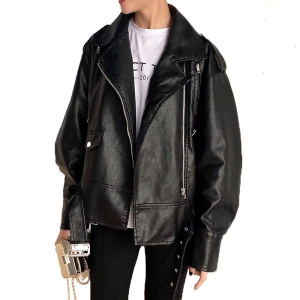 women's leather & faux autumn pu jacket women casual loose soft ladies motorcycle punk coat female biker zipper outerwear, Black
women's leather & faux autumn pu jacket women casual loose soft ladies motorcycle punk coat female biker zipper outerwear, Black