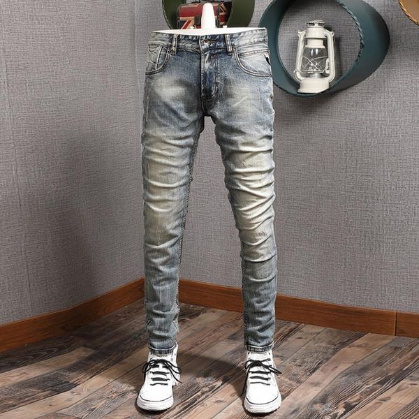 italian style fashion men jeans retro wash elastic slim fit vintage designer denim trousers casual pencil pants, Blue
italian style fashion men jeans retro wash elastic slim fit vintage designer denim trousers casual pencil pants, Blue
