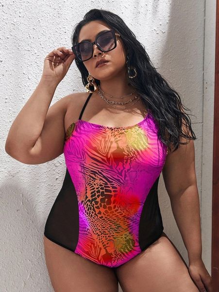 plus snakeskin print one piece swimsuit h59m#, Black