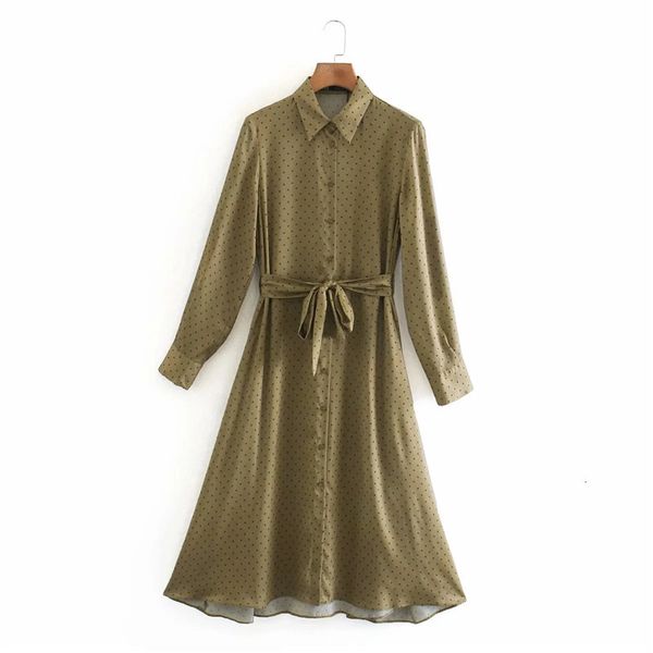2021 new polka dot satin women lapel collar long sleeve shirt midi dress woman fashion tied belt button up casual dresses bo2x, Black;gray 
2021 new polka dot satin women lapel collar long sleeve shirt midi dress woman fashion tied belt button up casual dresses bo2x, Black;gray