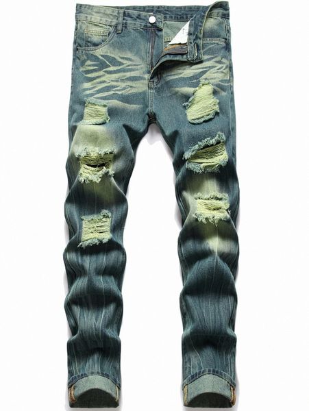 men bleach wash ripped frayed jeans m7ug#, Blue