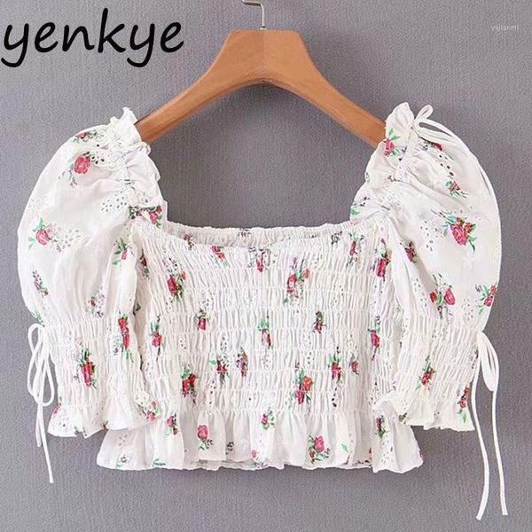 floral print embroidery crop women square neck short sleeve elastic fashion lady white summer ljpz90811
