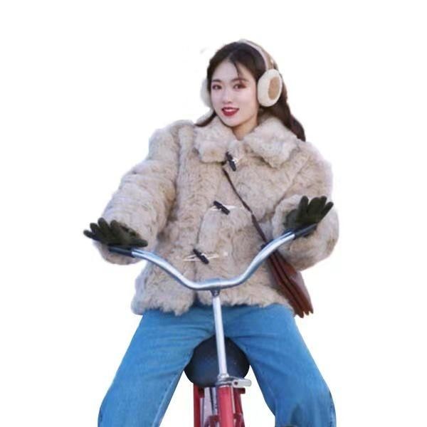 women's plush faux fur coat korean autumn winter croissant buckle loose lapel imitation fur jacket lamb thick warm coat, Black
women's plush faux fur coat korean autumn winter croissant buckle loose lapel imitation fur jacket lamb thick warm coat, Black