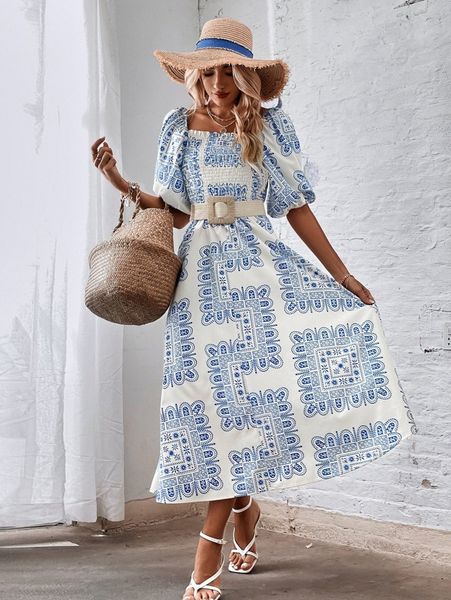 square neck geometrical print shirred puff sleeve dress without belt 29ip#, Black;gray
square neck geometrical print shirred puff sleeve dress without belt 29ip#, Black;gray