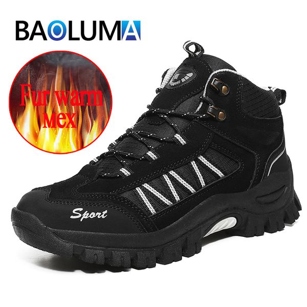 classic men's boots thick plush warm men's winter boots classic fashion ankle outdoor waterproof hiking, Black