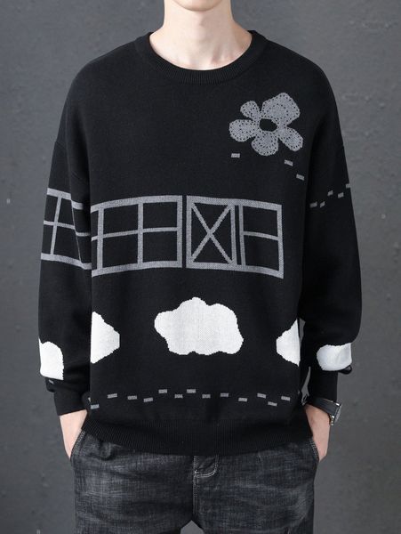 men floral & cloud print drop shoulder sweater i7ma#, White;black