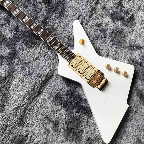 custom electric guitar with tremolo system gold hardware in white color
custom electric guitar with tremolo system gold hardware in white color