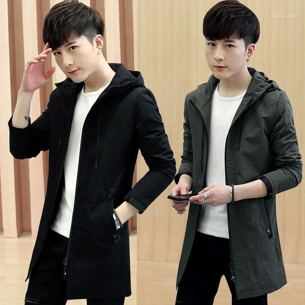 spring and autumn coat male medium and long korean version trend new casual jacket men's windbreaker in the long hooded, Black;brown 
spring and autumn coat male medium and long korean version trend new casual jacket men's windbreaker in the long hooded, Black;brown