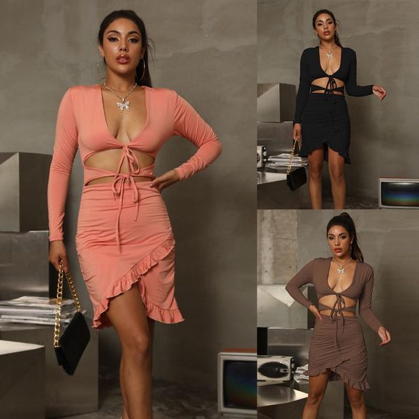 women's solid color elegant dress deep v-neck ruffle trim hollow out lace-up long sleeve one-piece slim mini dress, Black;gray
women's solid color elegant dress deep v-neck ruffle trim hollow out lace-up long sleeve one-piece slim mini dress, Black;gray