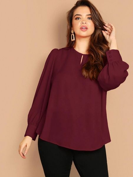 plus buttoned cuff curved hem blouse 35if#, Black
plus buttoned cuff curved hem blouse 35if#, Black