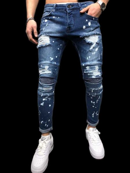 men's jeans men stretch destroyed ripped paint point design fashion ankle zipper skinny pencil draped long pants male, Blue
men's jeans men stretch destroyed ripped paint point design fashion ankle zipper skinny pencil draped long pants male, Blue