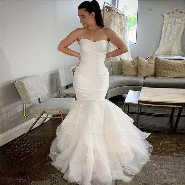 custom made strapless mermaid wedding dresses with appliques sweep train satin plus size wedding bridal gowns, White
custom made strapless mermaid wedding dresses with appliques sweep train satin plus size wedding bridal gowns, White
