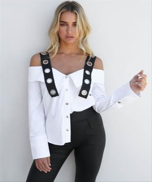 women lady summer long sleeve strappy cold shoulder casual shirt blouses outwear, White
women lady summer long sleeve strappy cold shoulder casual shirt blouses outwear, White