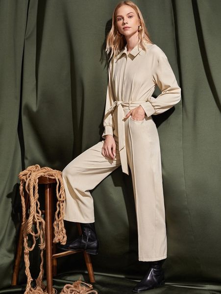 drop shoulder slant pocket belted jumpsuit 4674#, White 
drop shoulder slant pocket belted jumpsuit 4674#, White