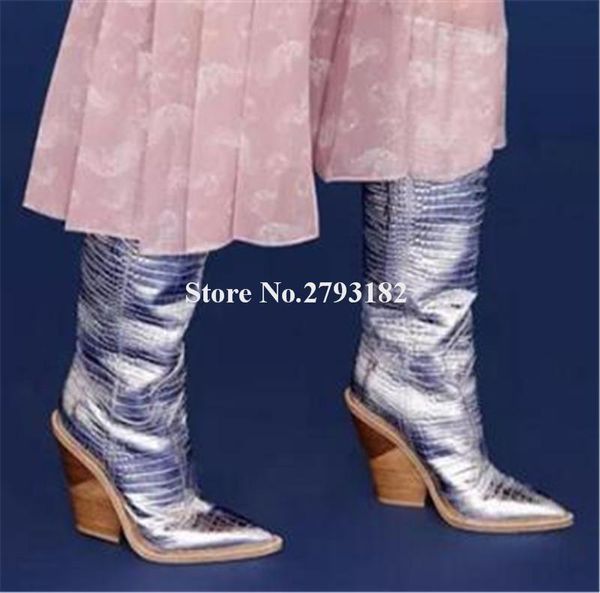 brand fashion pointed toe snake leather patchwork chunky heel knee high boots slip-on gold silver blue spike heel long boots, Black
brand fashion pointed toe snake leather patchwork chunky heel knee high boots slip-on gold silver blue spike heel long boots, Black