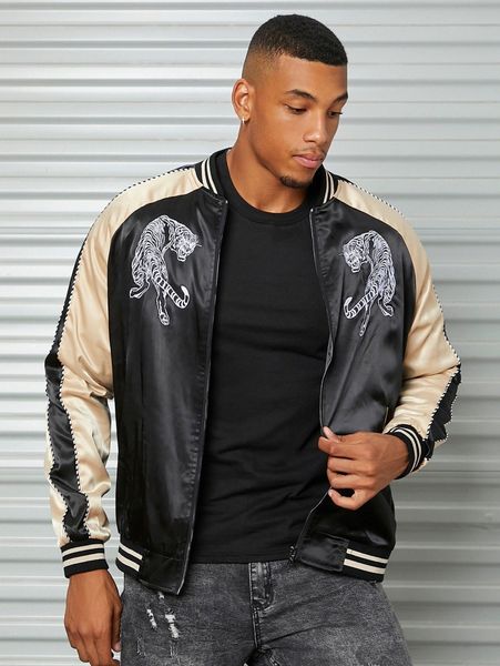 men tiger print color block raglan sleeve striped trim bomber jacket x4ub#, Black;brown
men tiger print color block raglan sleeve striped trim bomber jacket x4ub#, Black;brown