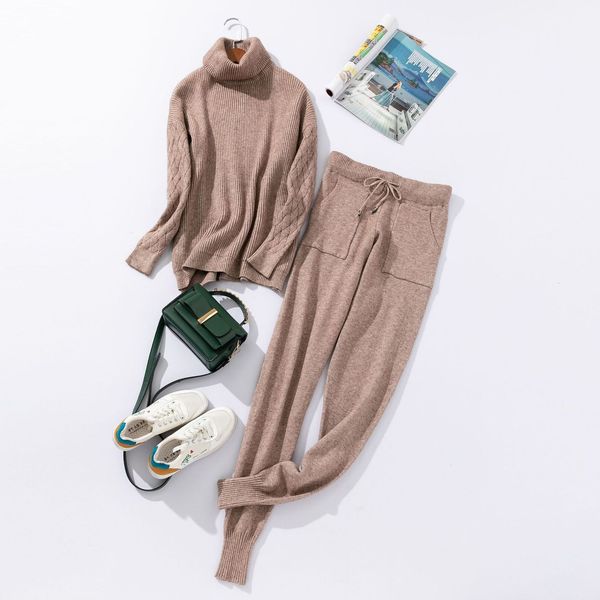 2021 new women knitted tracksuit turtleneck sweater casual autumn winter 2 piece set knit pants sporting suit femme clothing 8cv0, Black;white 
2021 new women knitted tracksuit turtleneck sweater casual autumn winter 2 piece set knit pants sporting suit femme clothing 8cv0, Black;white