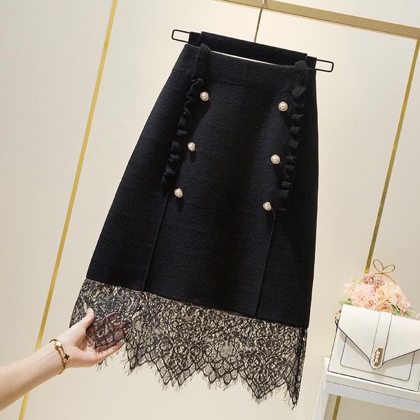 lace stitching knitted skirt women's autumn and winter skirt double-breasted high waist wool a-line ear hem hip, Black
lace stitching knitted skirt women's autumn and winter skirt double-breasted high waist wool a-line ear hem hip, Black