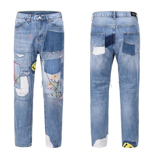 men's jeans high street kapital same splicing smiling face patch jeans vibe style straight tube loose pants fashion, Blue
men's jeans high street kapital same splicing smiling face patch jeans vibe style straight tube loose pants fashion, Blue
