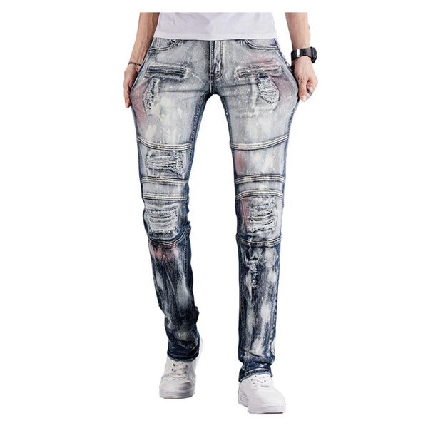 men's jeans patchwork ripped biker vintage holes distressed slim straight stretch denim pants painted trousers, Blue
men's jeans patchwork ripped biker vintage holes distressed slim straight stretch denim pants painted trousers, Blue