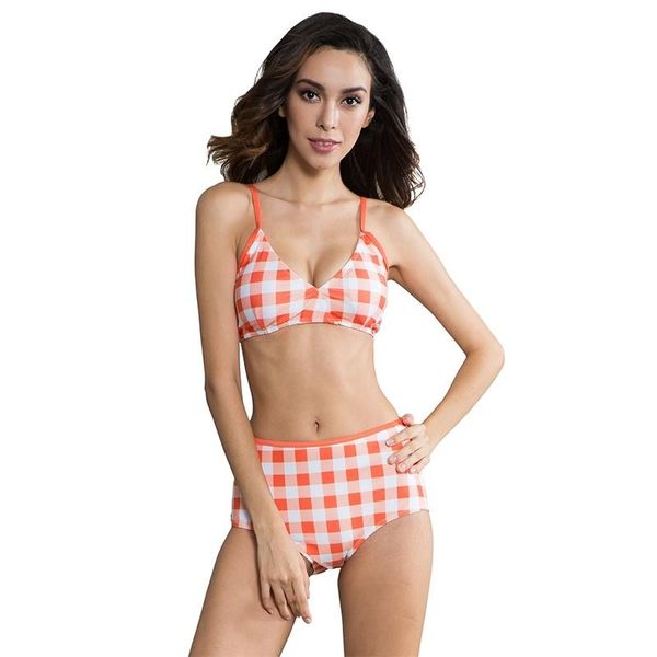 plaid split bikini swimsuit, White;black