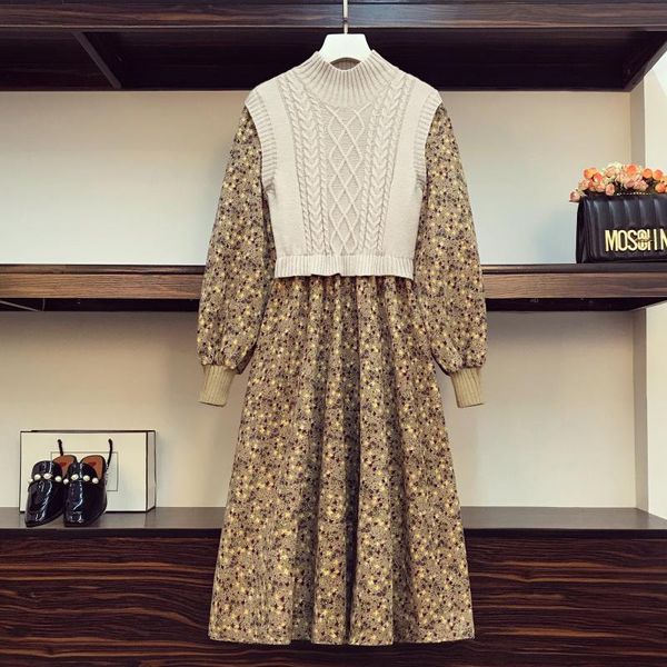 2021 autumn winter women vintage floral dress knitted sweater patchwork cotton long sleeve flower print midi dresses, Black;gray 
2021 autumn winter women vintage floral dress knitted sweater patchwork cotton long sleeve flower print midi dresses, Black;gray