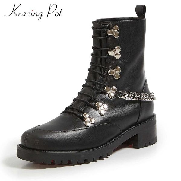 krazing pot new genuine leather vintage round toe motorcycle boots punk rock metal chains oriental rivets luxury ankle boots l16, Black
krazing pot new genuine leather vintage round toe motorcycle boots punk rock metal chains oriental rivets luxury ankle boots l16, Black