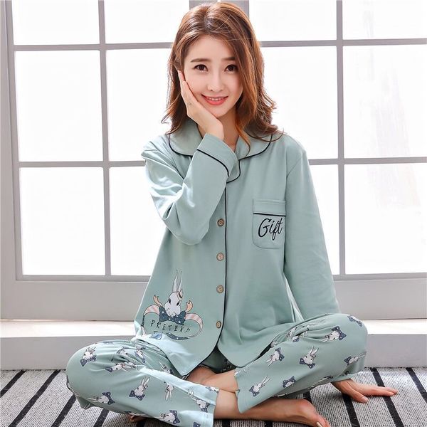 100% cotton women pajamas set embroidery warm pyjama long sleeve shirt pants 2piece/set loose size home mom sleepwear 201102, Black;red