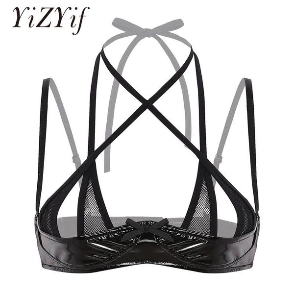 women bra open cup lingerie wetlook patent leather halter neck front cross shelf bra adjustable spaghetti shoulder straps, Red;black
women bra open cup lingerie wetlook patent leather halter neck front cross shelf bra adjustable spaghetti shoulder straps, Red;black