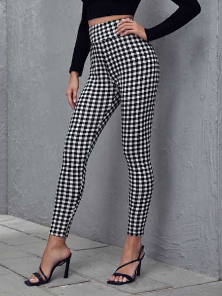 wide waistband gingham print skinny pants j9bo#, Black;white 
wide waistband gingham print skinny pants j9bo#, Black;white